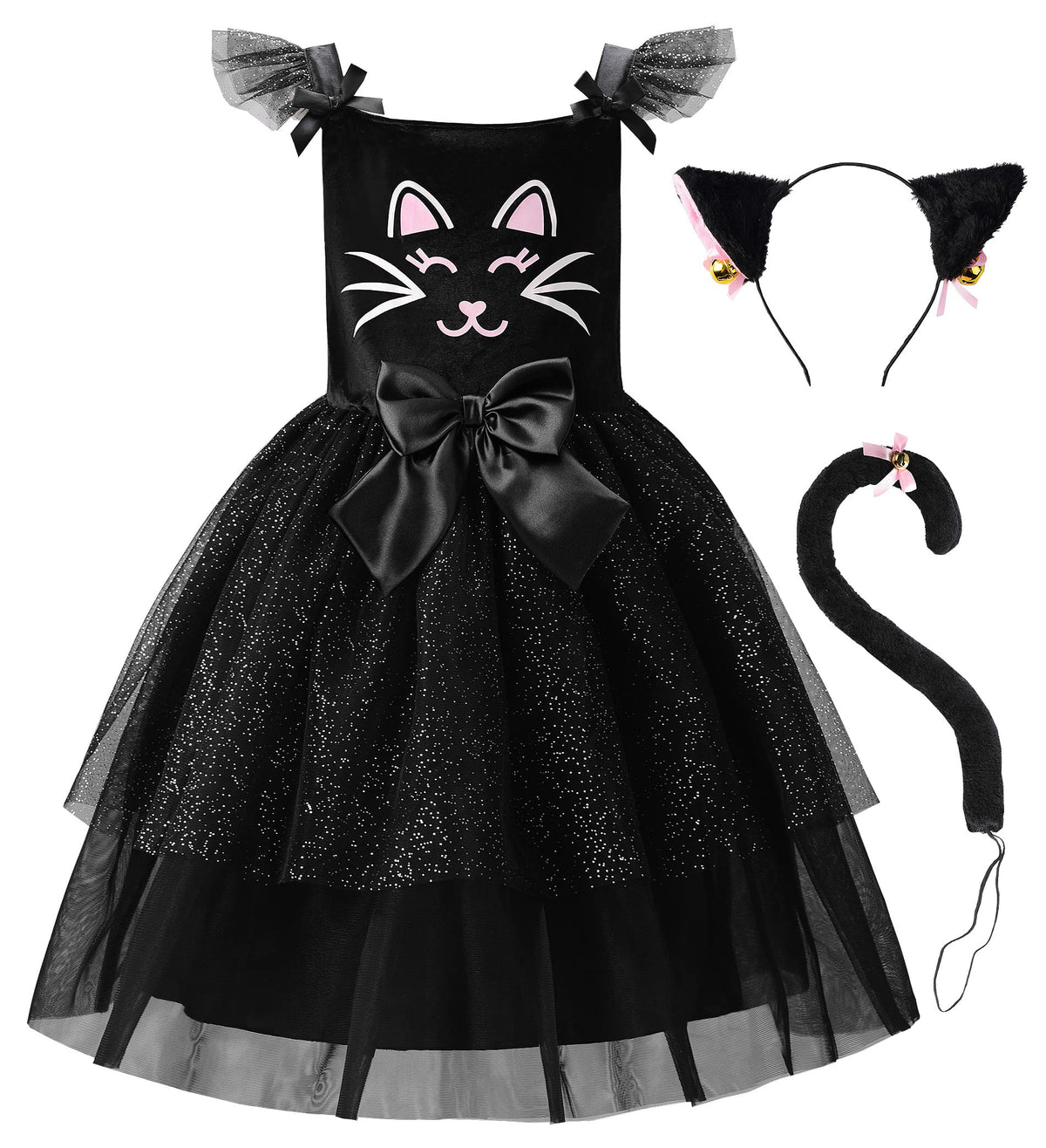 ReliBeauty RB-G9483-B8 Costum de pisică pentru fetițe cu urechi și coadă, 10-11 ani