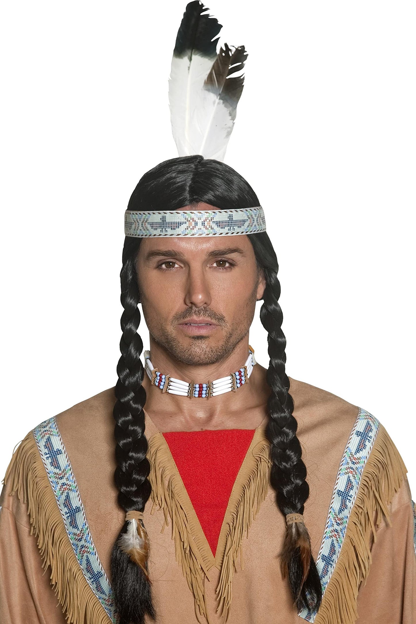 Peruca indiană Smiffys inspirată de americanii nativi, cu împletituri și bandă cu pene pentru Halloween și carnaval.