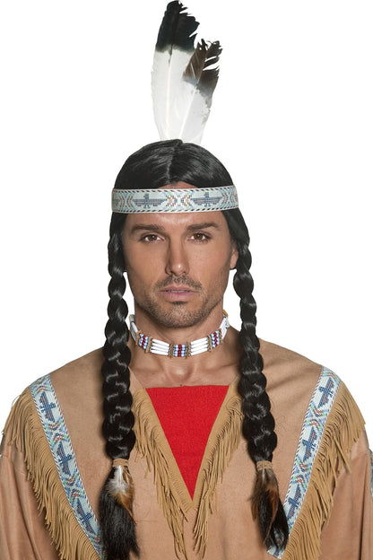 Peruca indiană Smiffys inspirată de americanii nativi, cu împletituri și bandă cu pene pentru Halloween și carnaval.