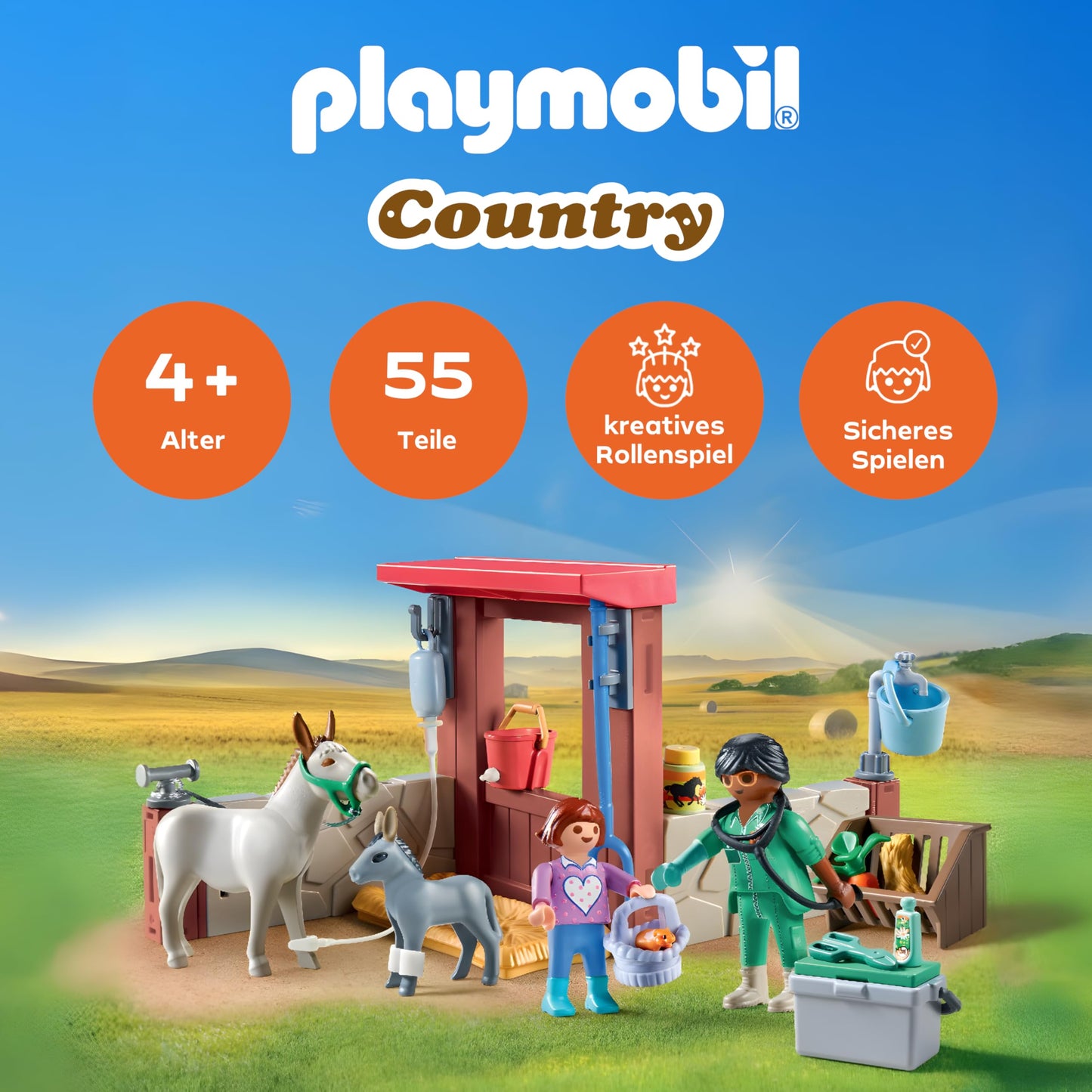 PLAYMOBIL Country Set de joacă veterinar pentru măgari pentru copii de la 4 ani