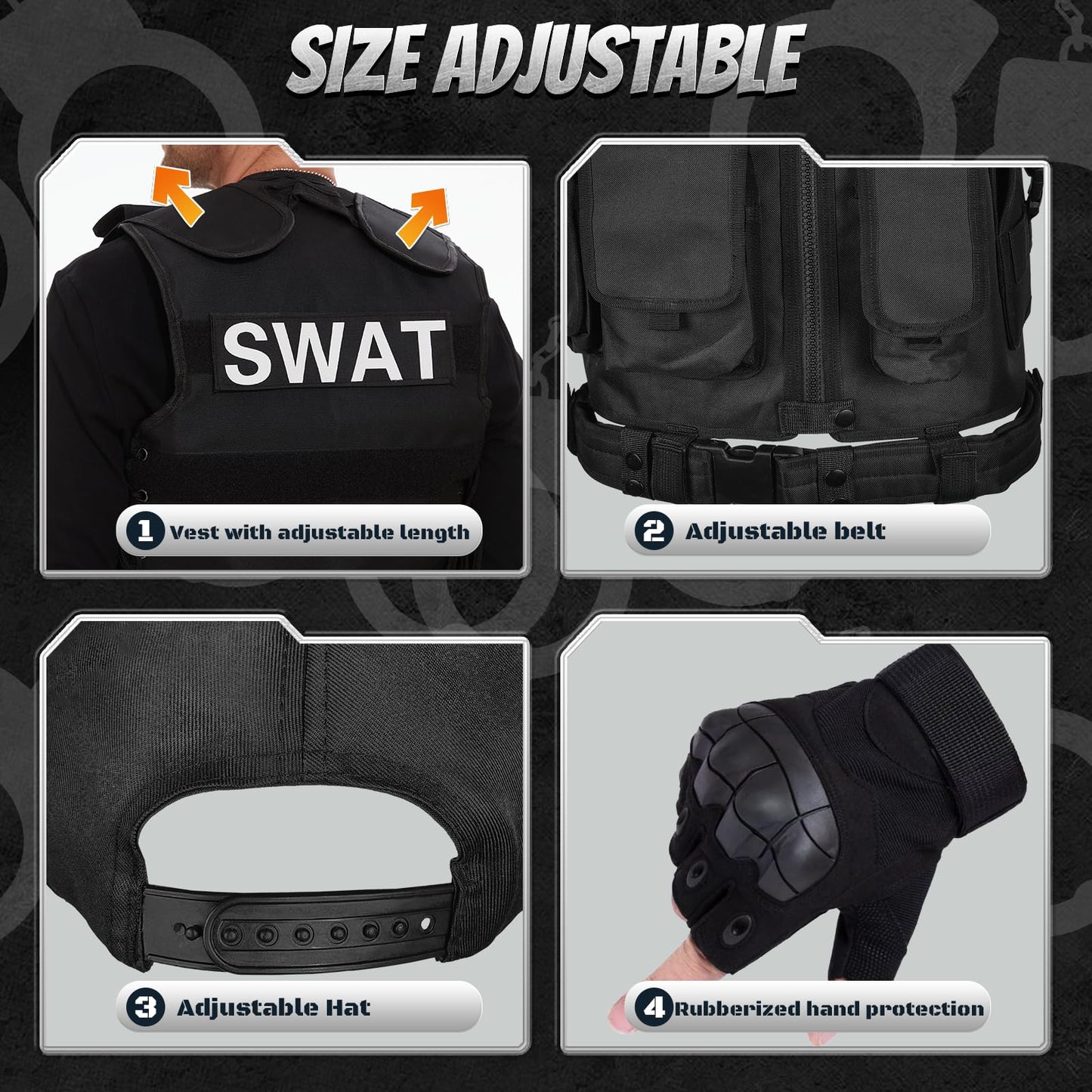 Costum Ulikey SWAT pentru bărbați, vestă poliție, costum de securitate cu vestă, șapcă, suport pentru pistol și curea pentru cosplay, Halloween, carnaval, petreceri.