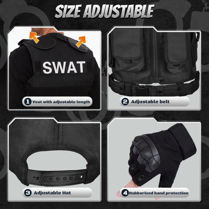 Costum Ulikey SWAT pentru bărbați, vestă poliție, costum de securitate cu vestă, șapcă, suport pentru pistol și curea pentru cosplay, Halloween, carnaval, petreceri.