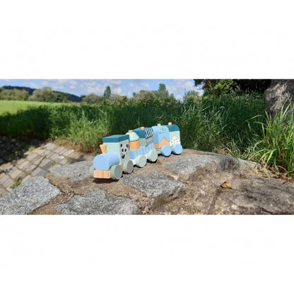 Eichhorn 7/100003804 Set tren din lemn cu 2 vagoane și 13 cuburi colorate, 16 piese, 29 cm, jucărie motricitate pentru copii de la 1 an (gri/bleu deschis)
