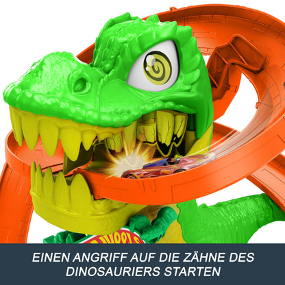 Hot Wheels Set pistă T-Rex, mașină pompieri 1:64, 45 cm
