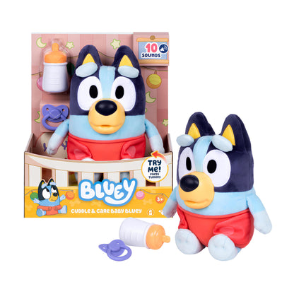 Bluey Baby răsfață și îngrijește, hrănește și liniștește bebelușul, jucărie electronică din pluș de 28 cm cu 10 sunete diferite de bebeluș, 2 accesorii și scutec detașabil