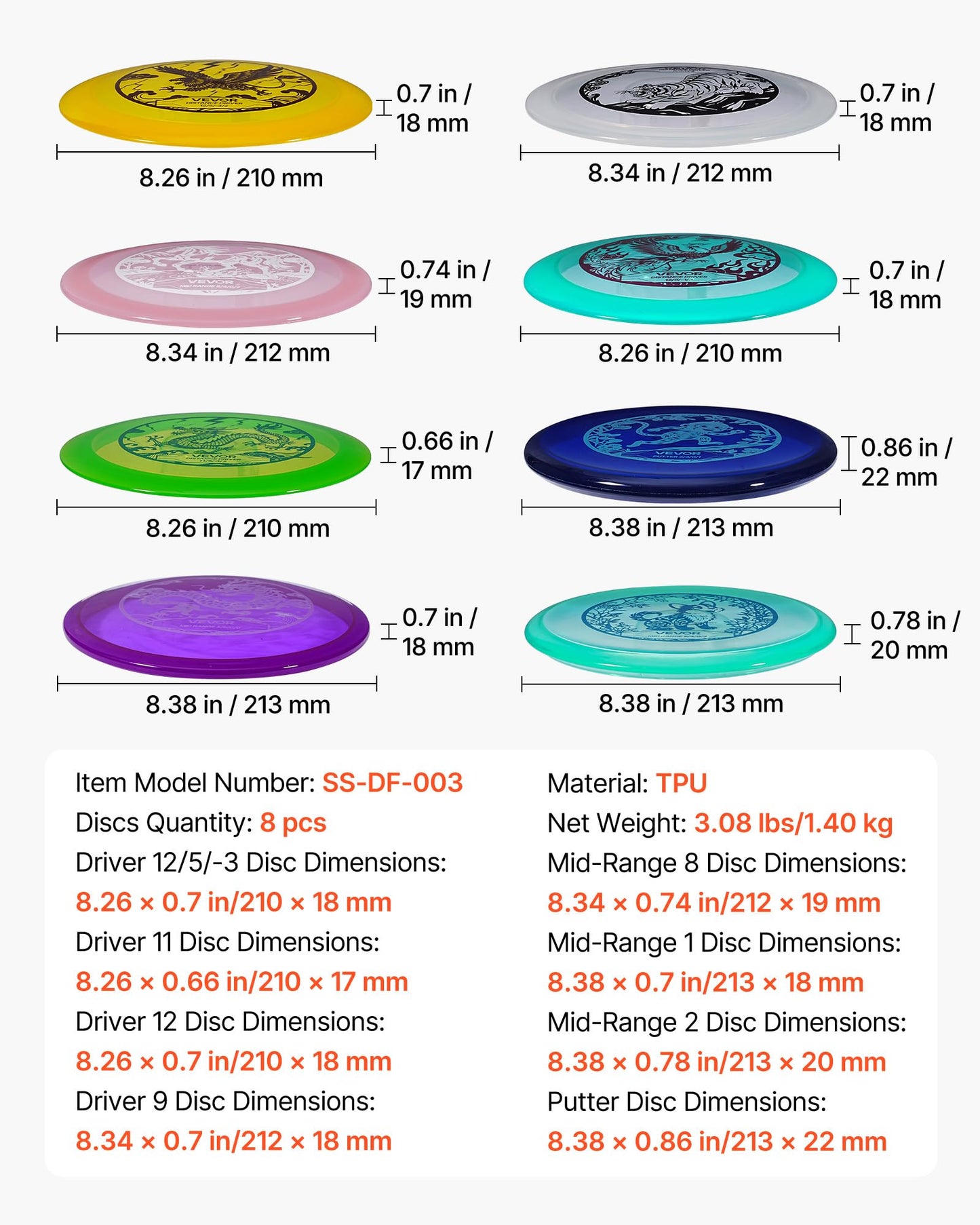 VEVOR SS-DF-003 Set de discgolf Starterset 8 piese pentru antrenament complet corp 3+ ani