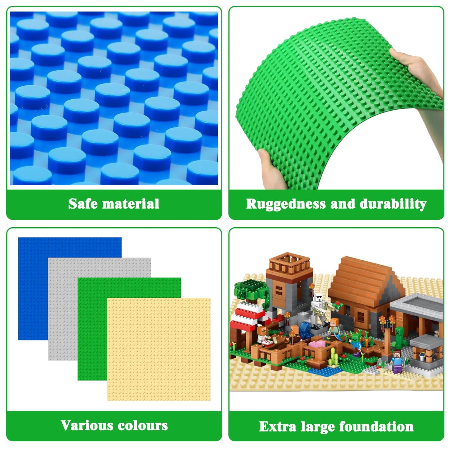 Set 8 Plăci de Construcție NVIYAM, Plăci Clasice 25.5x25.5cm, Compatibile cu Toate Marile Mărci, Set Plăci lego pentru Blocuri Clasice: Verde, Albastru, Gri, Galben