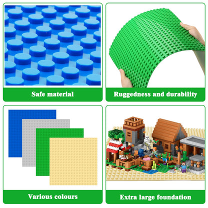 Set 8 Plăci de Construcție NVIYAM, Plăci Clasice 25.5x25.5cm, Compatibile cu Toate Marile Mărci, Set Plăci lego pentru Blocuri Clasice: Verde, Albastru, Gri, Galben