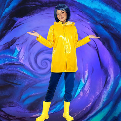 animacoser coraline Costum de damă cu pelerină galbenă de ploaie și pantaloni albaștri pentru carnaval și Halloween