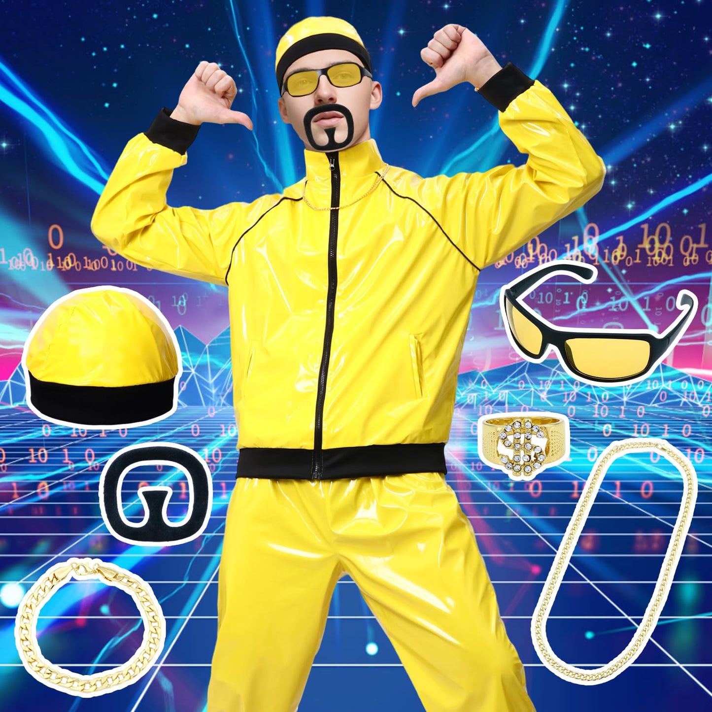 Costum Ali-G pentru adulți - Hip Hop, cu pălărie, colier, barbă, ochelari și inel, ideal pentru petreceri de carnaval și Halloween.