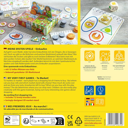HABA Meine ersten Spiele Set de societate Cumpărături cu stand de piață 3D, bani de jucărie din lemn și liste de cumpărături de la 2 ani