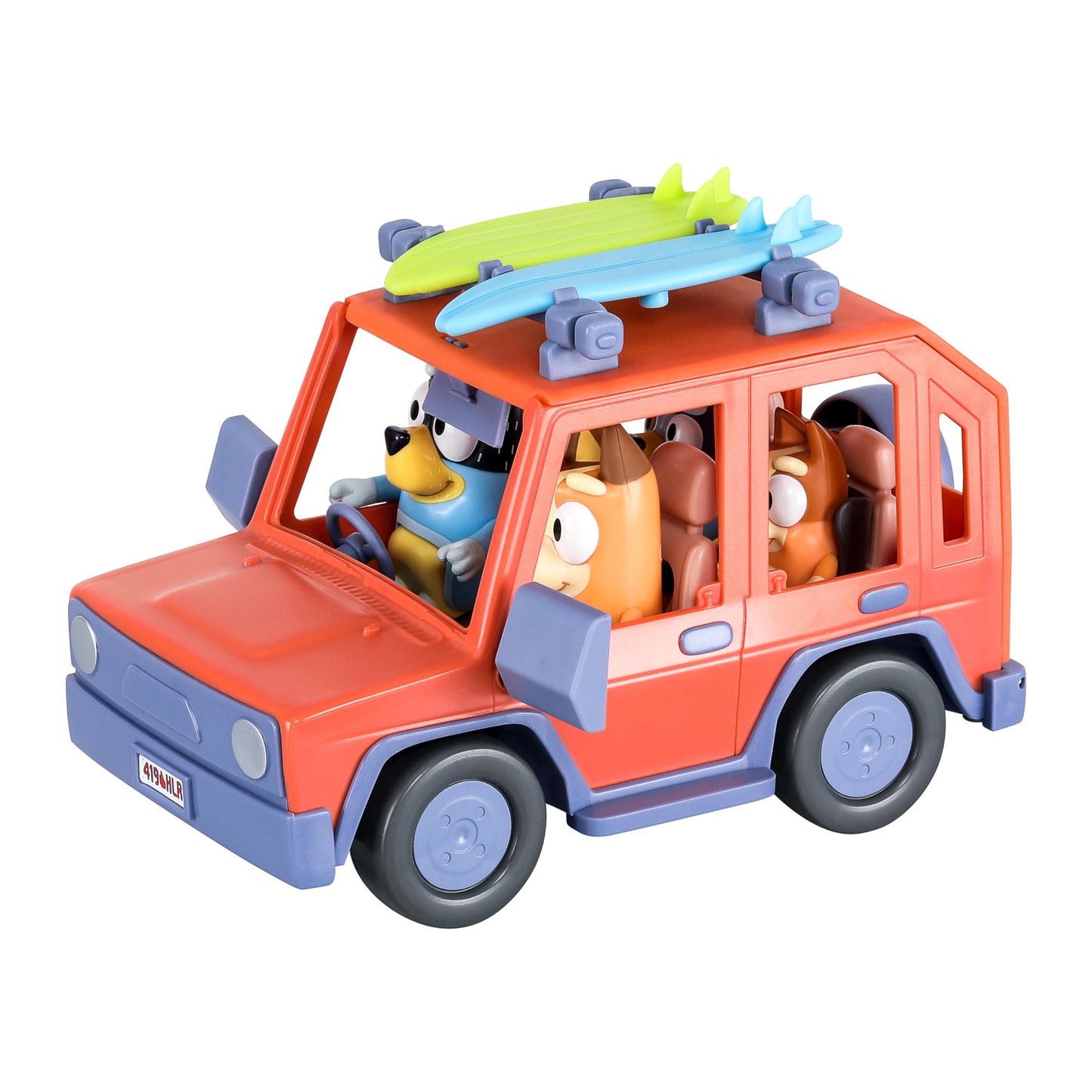 BlueY Heeler - Mașină de familie cu tracțiune integrală și set de 4 figurine, figurine de 6-8 cm, 2 plăci de surf și autocolante ca accesorii, exclusiv pe Amazon.