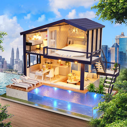 CUTEROOM A066 Set de construcție casă de păpuși din lemn miniatură Time Apartment cu piscină