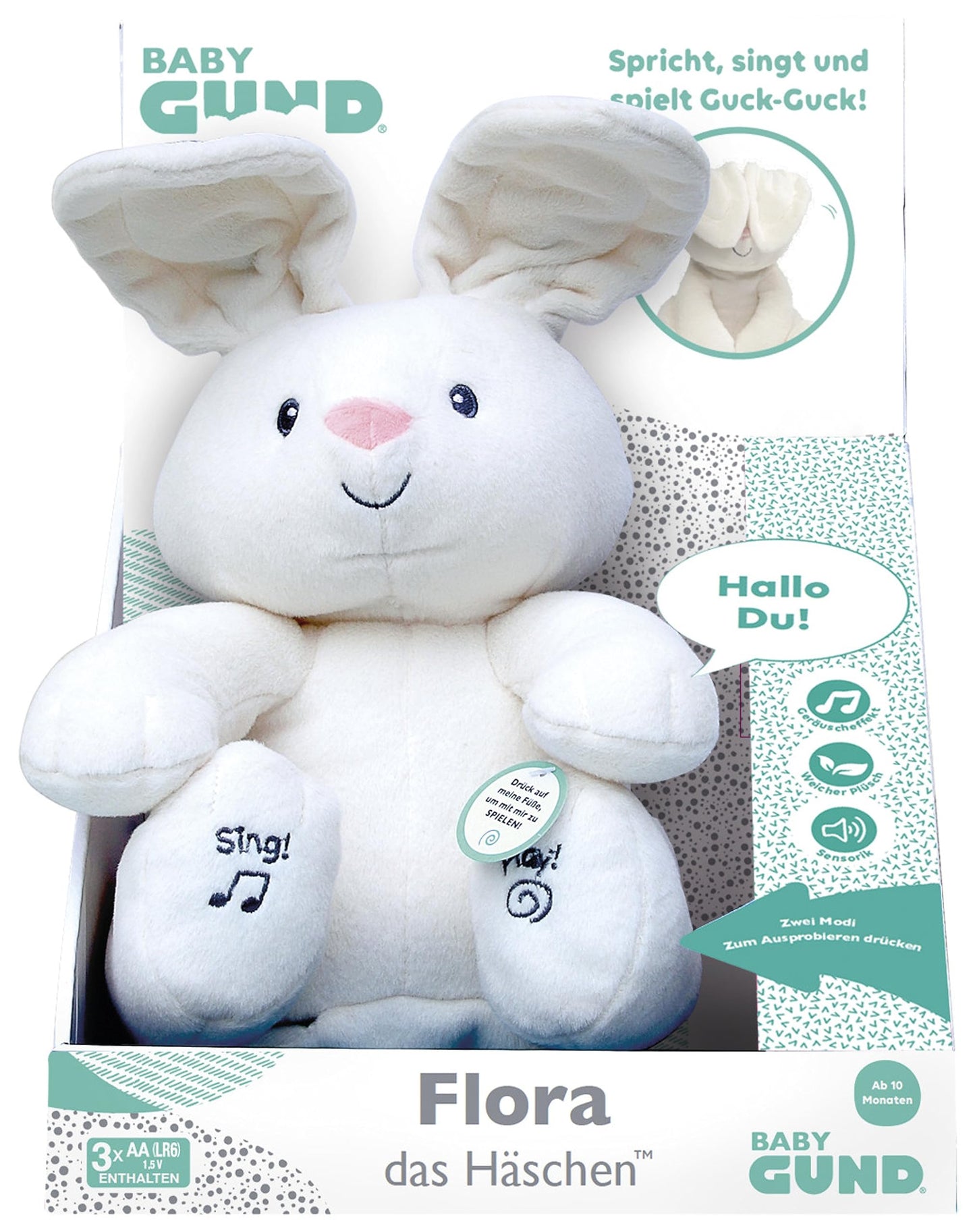 GUND Flora, iepurașul cântător și vorbitor - joacă Guck Guck cu urechile - german, aprox. 30 cm, de la 10 luni