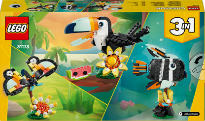 LEGO Creator Animale Sălbatice: Tucan Tropical - Jucărie 3-in-1 care se transformă în Figurina Fluture sau Pește - Jucărie Creativă - Cadou pentru Fete și Băieți de la 7 Ani 31173