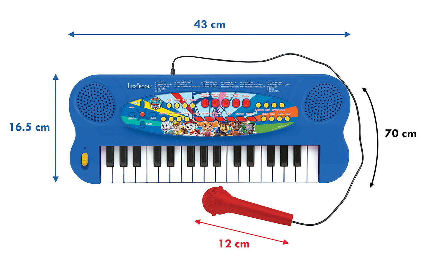 Jucarie Pian Muzical cu Microfon Lexibook Paw Patrol Paw Patrol, 32 taste, microfon pentru cântat, 22 melodii demo, funcționează pe baterii, culoare albastru/roșu/negru.