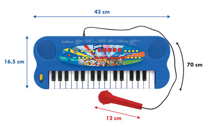 Jucarie Pian Muzical cu Microfon Lexibook Paw Patrol Paw Patrol, 32 taste, microfon pentru cântat, 22 melodii demo, funcționează pe baterii, culoare albastru/roșu/negru.