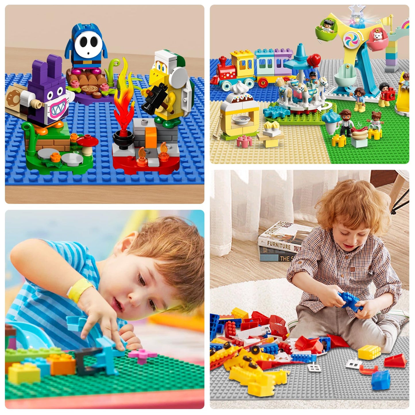 Set 8 Plăci de Construcție NVIYAM, Plăci Clasice 25.5x25.5cm, Compatibile cu Toate Marile Mărci, Set Plăci lego pentru Blocuri Clasice: Verde, Albastru, Gri, Galben