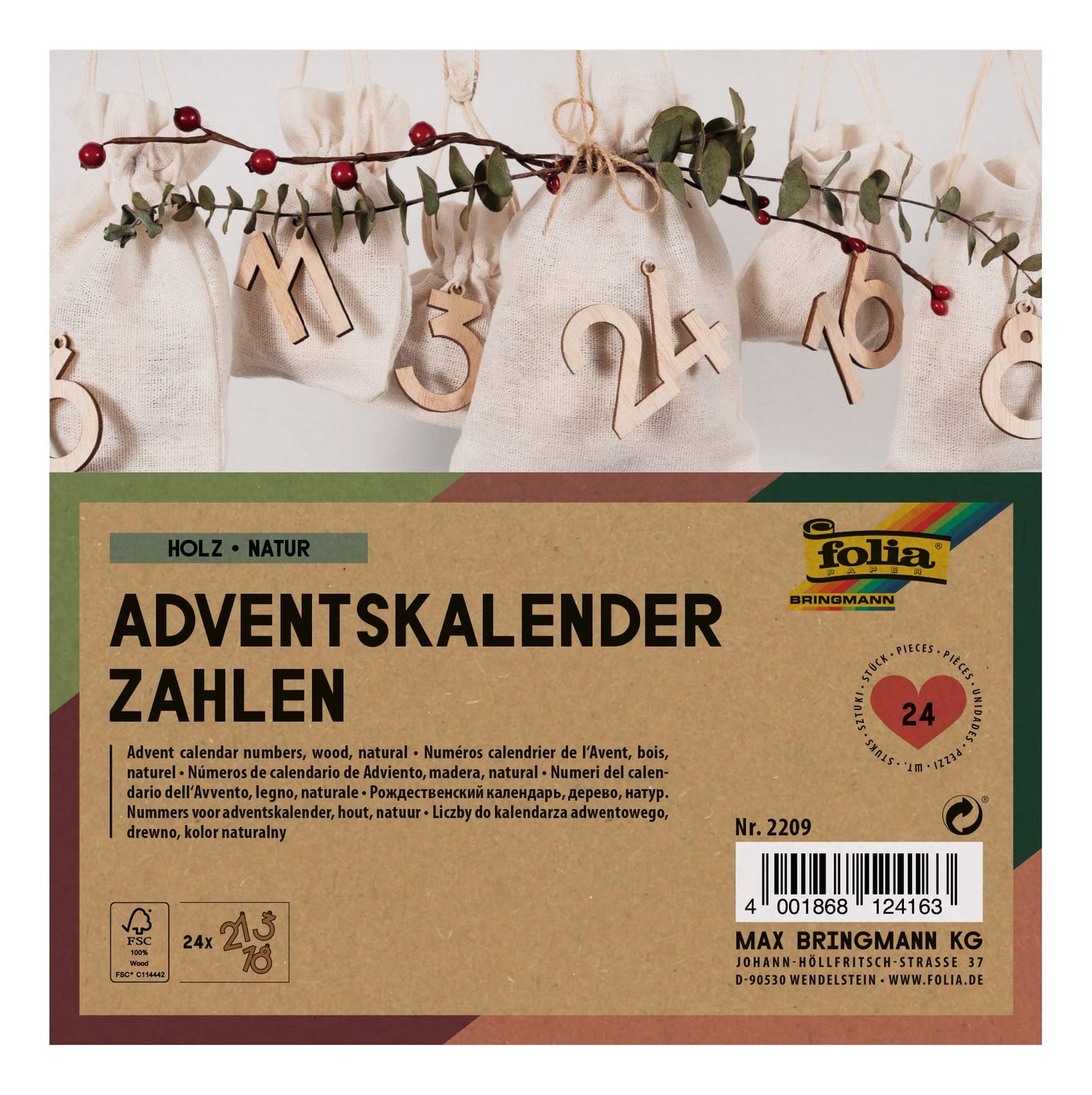 Folia Calendar Advent cifre din lemn, 24 piese