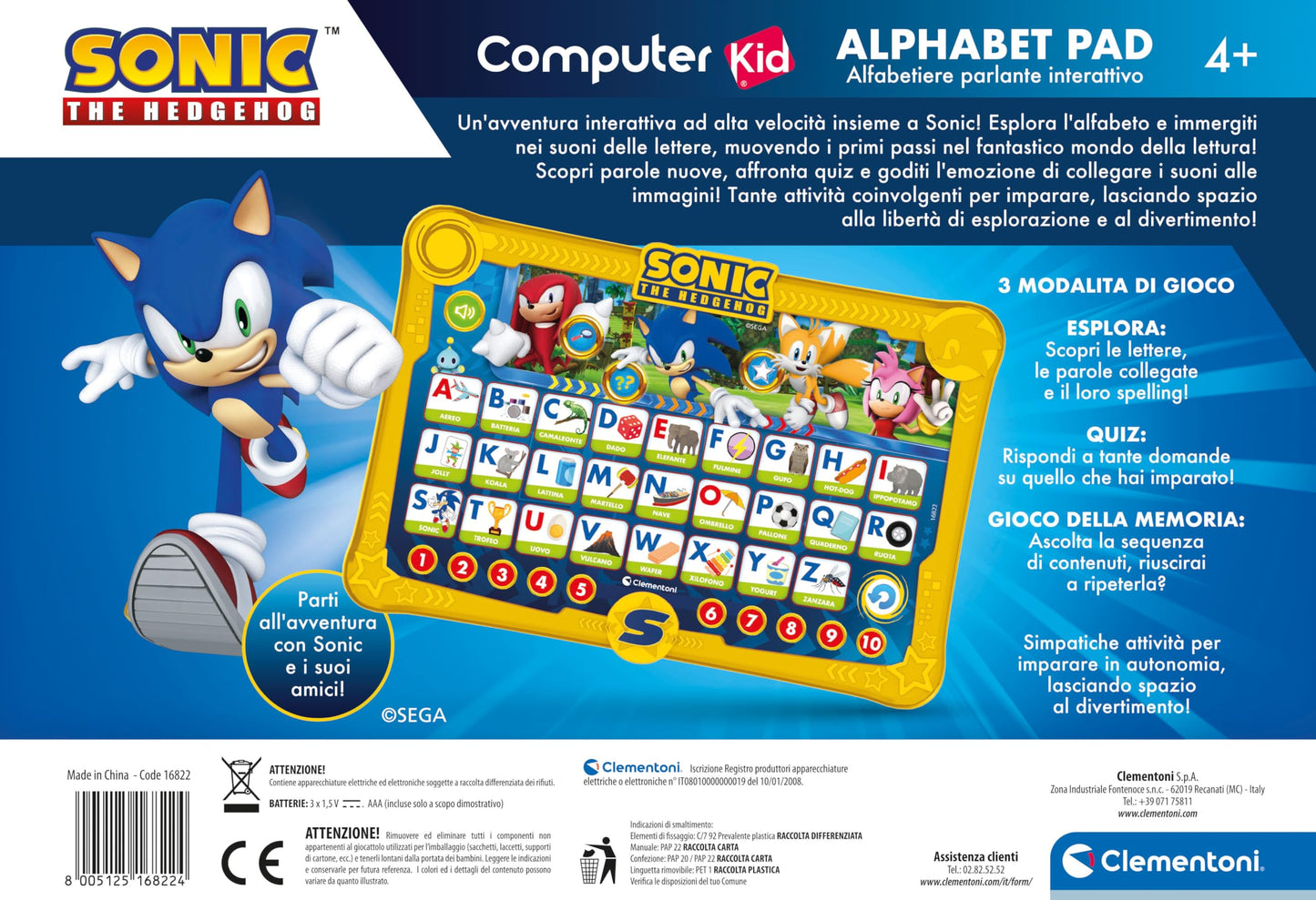 Clementoni 16822 Set de învățare electronic cu alfabet Sonic pentru copii 4+ ani (italiană)