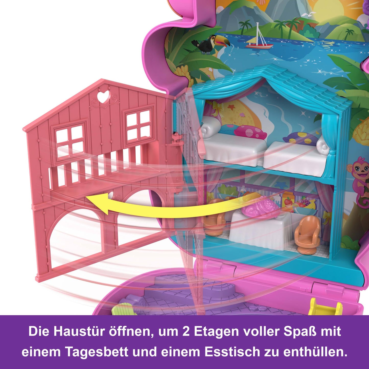 Polly Pocket Păpuși și Set de Joacă cu Animale și 13 Accesorii, 2-in-1 Mama Maimuță și Bebeluș, Geantă Portabilă și Jucărie cu Animale, HWP04