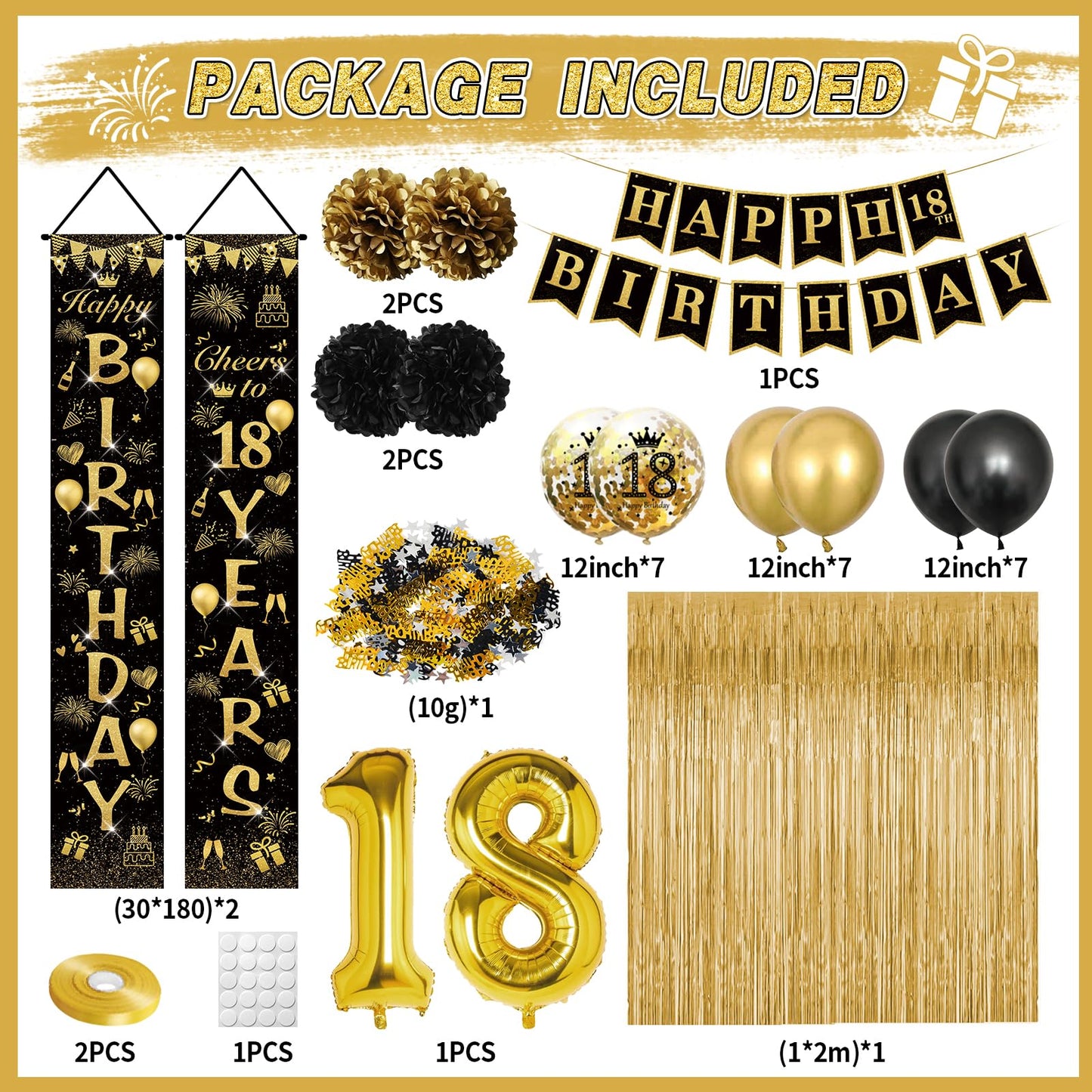 CHMMY Set decoratiuni zi nastere 18 ani, negru-aur