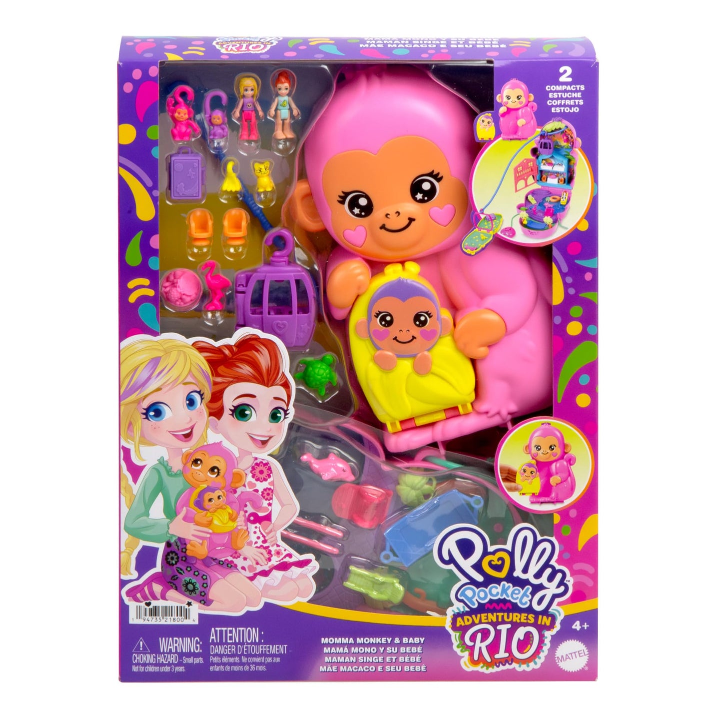 Polly Pocket Păpuși și Set de Joacă cu Animale și 13 Accesorii, 2-in-1 Mama Maimuță și Bebeluș, Geantă Portabilă și Jucărie cu Animale, HWP04