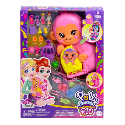 Polly Pocket Păpuși și Set de Joacă cu Animale și 13 Accesorii, 2-in-1 Mama Maimuță și Bebeluș, Geantă Portabilă și Jucărie cu Animale, HWP04