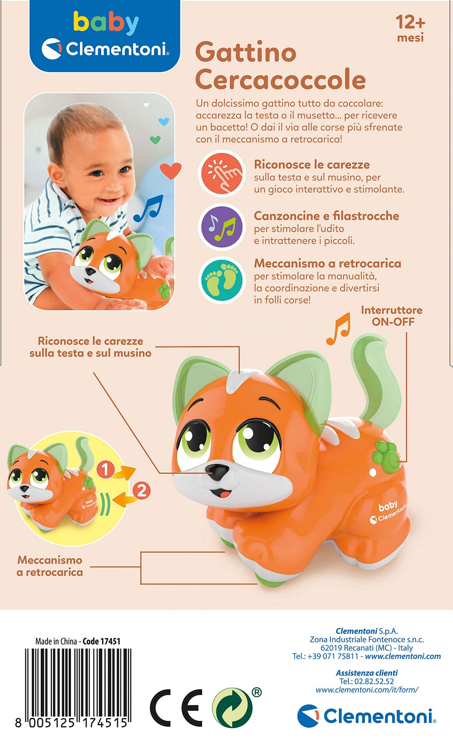 Jucarie educativa pisica Baby Clementoni Cuddly Kitty, 12 luni+, Multicolor, limba italiana