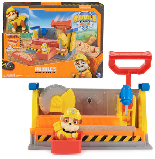 Rubble & Crew - Set de joacă atelier cu 2 accesorii de unelte, 1 figură Rubble, 85g nisip cinetic Build-it și 1 matriță, jucărie pentru copii de la 3 ani