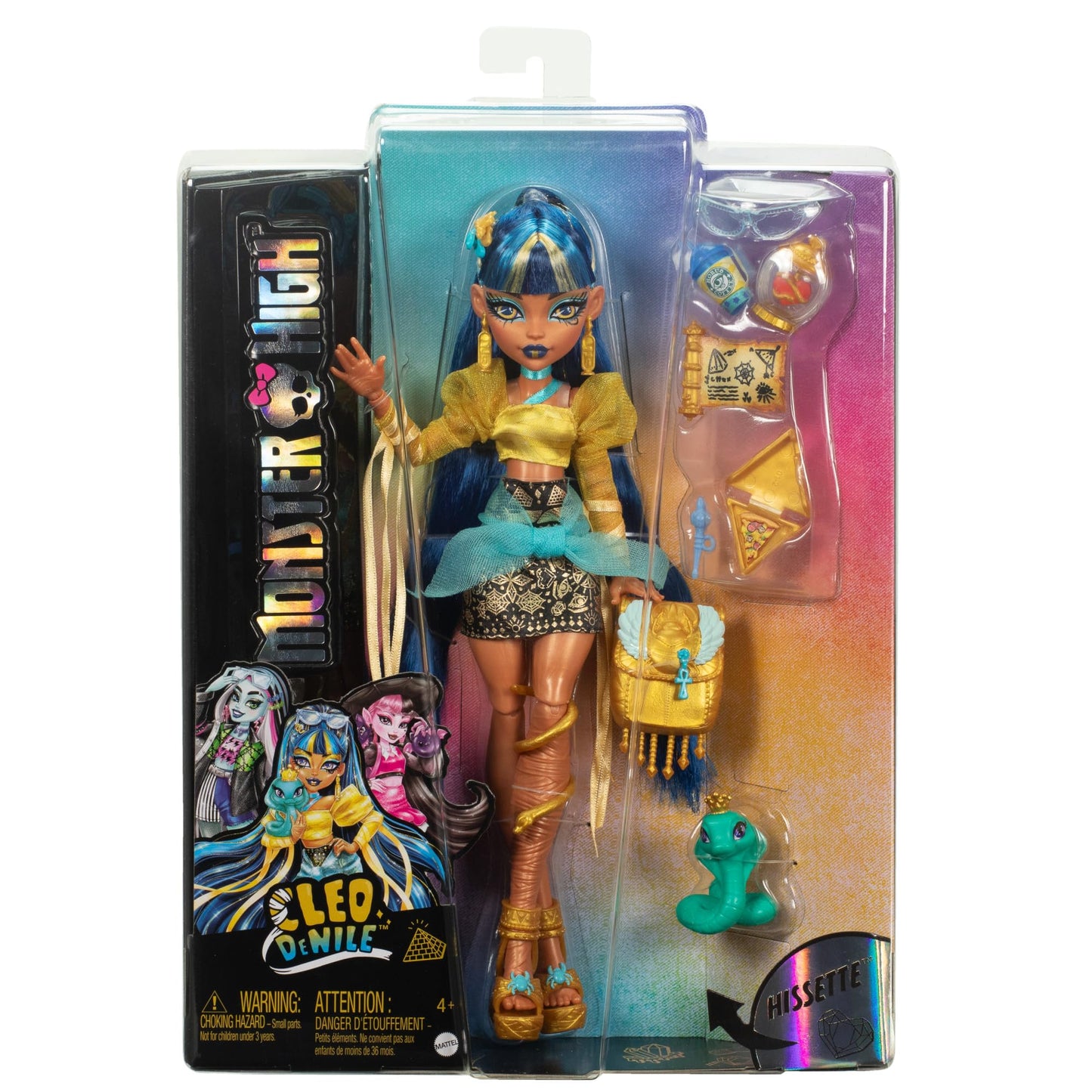 Monster High Cleo De Nile Păpușă în bluză aurie și fustă multilayer, include animal de companie Kobra Hissette și accesorii precum rucsac, gustare și rolă de hârtie, HXH74
