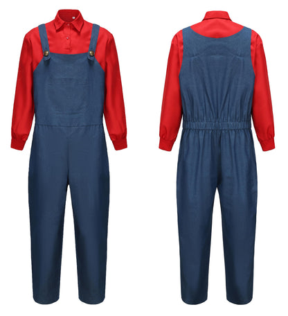 Costum Super Instalator pentru Bărbați Mrs. Claus - Costum de Carnaval, Halloween, Cosplay, Outfit Complet cu Cămașă, Pantaloni, Bart, Șapcă și Mânuși C044-S