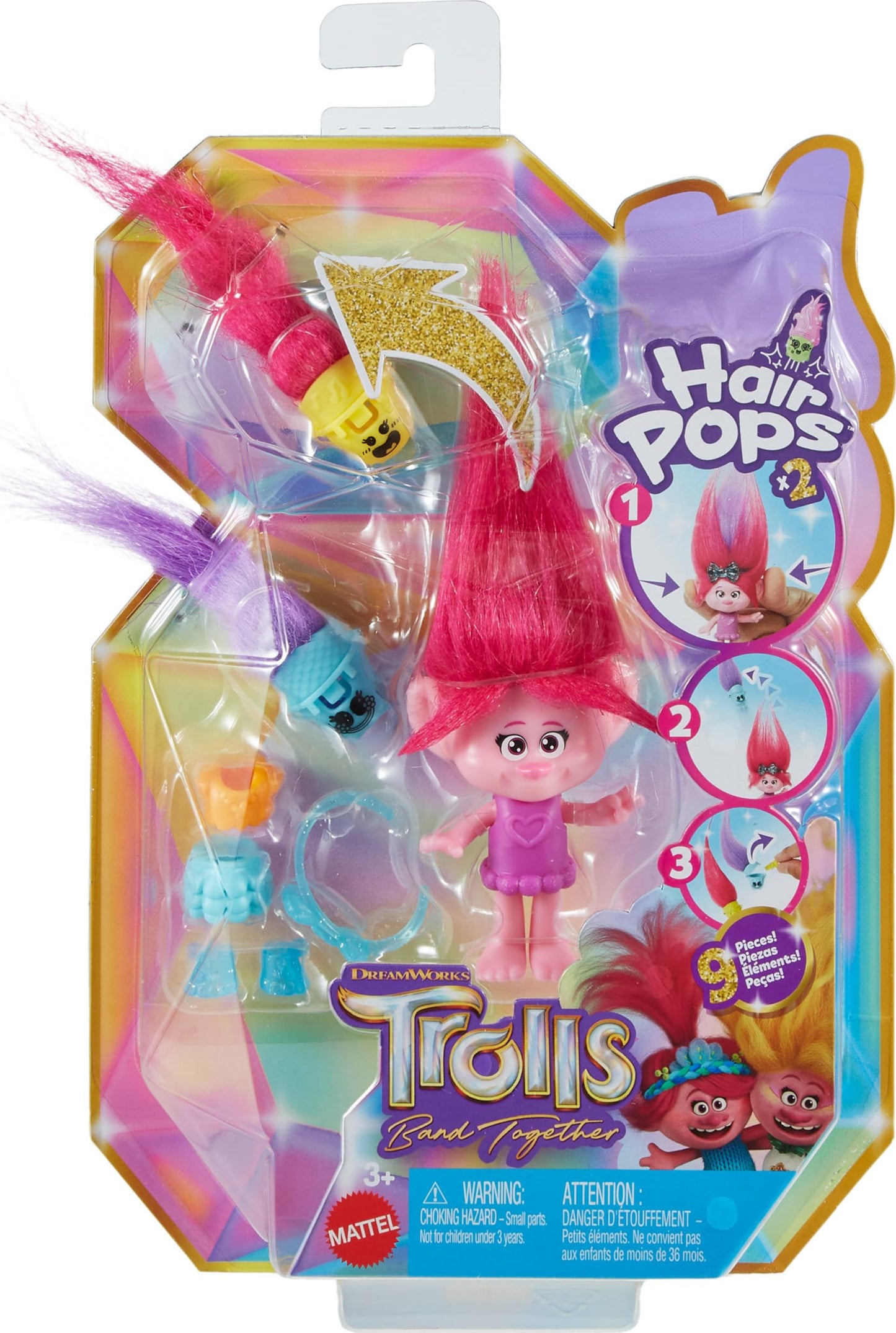 Mattel Trolls 3 - Hair Pops Poppy, păpușă cu păr roz și haine detașabile, accesorii surpriză, inspirată din film, jucărie pentru copii 3+ ani, HNF10