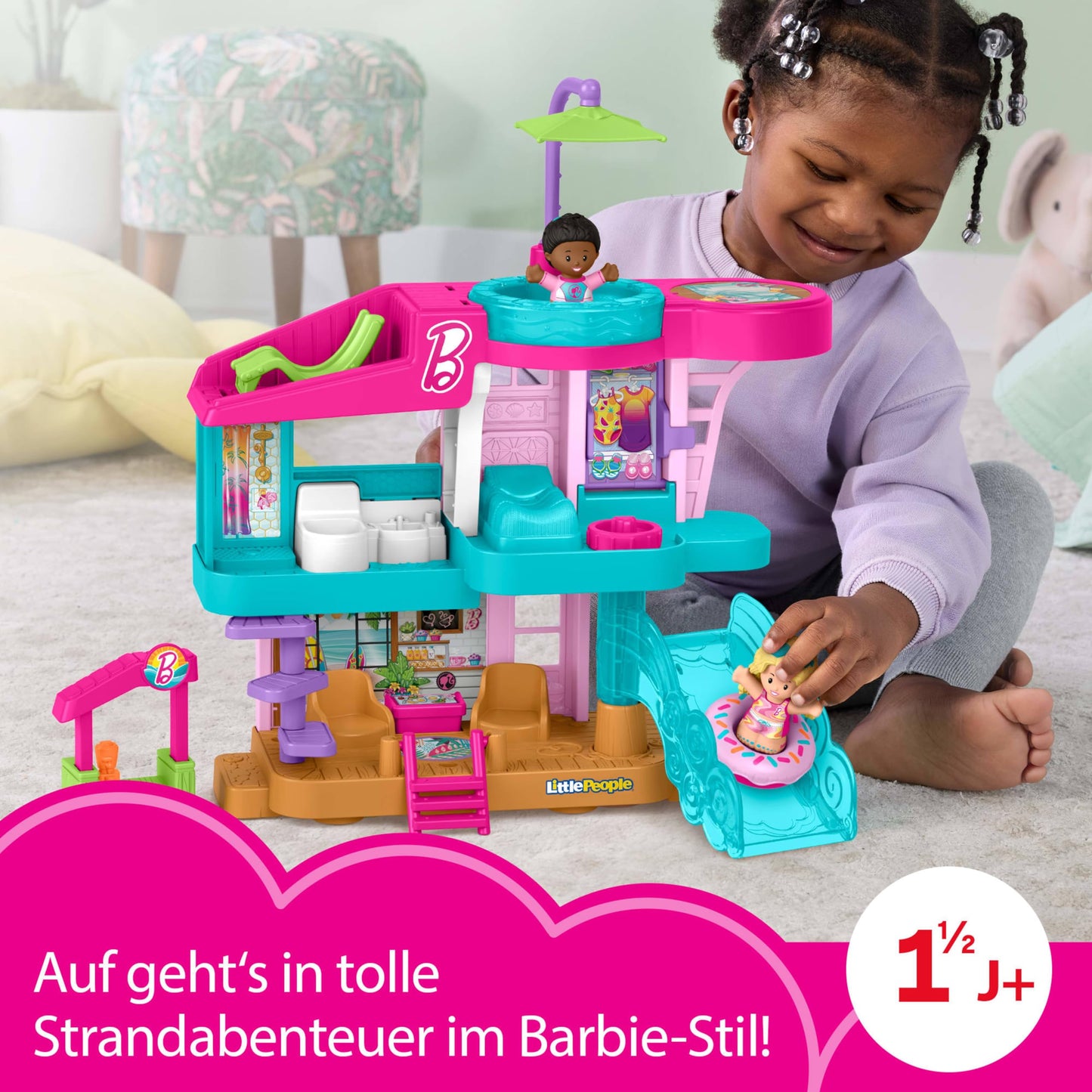 Fisher-Price Little People Set de joacă casă de plajă Barbie cu figurine și accesorii pentru copii de la 18 luni
