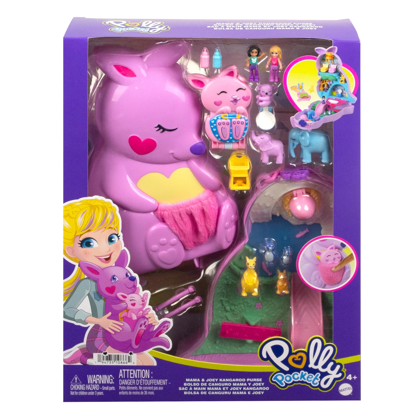 Polly Pocket Geanta Mama și Joey Cangur - Set de joacă 2-în-1 cu cameră pentru pui de animale, 2 păpuși, 7 animale și accesorii, inclusiv geantă moale și cutie, perfect pentru călătorii, de la 4 ani, HKV50