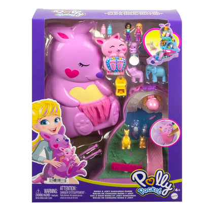 Polly Pocket Geanta Mama și Joey Cangur - Set de joacă 2-în-1 cu cameră pentru pui de animale, 2 păpuși, 7 animale și accesorii, inclusiv geantă moale și cutie, perfect pentru călătorii, de la 4 ani, HKV50