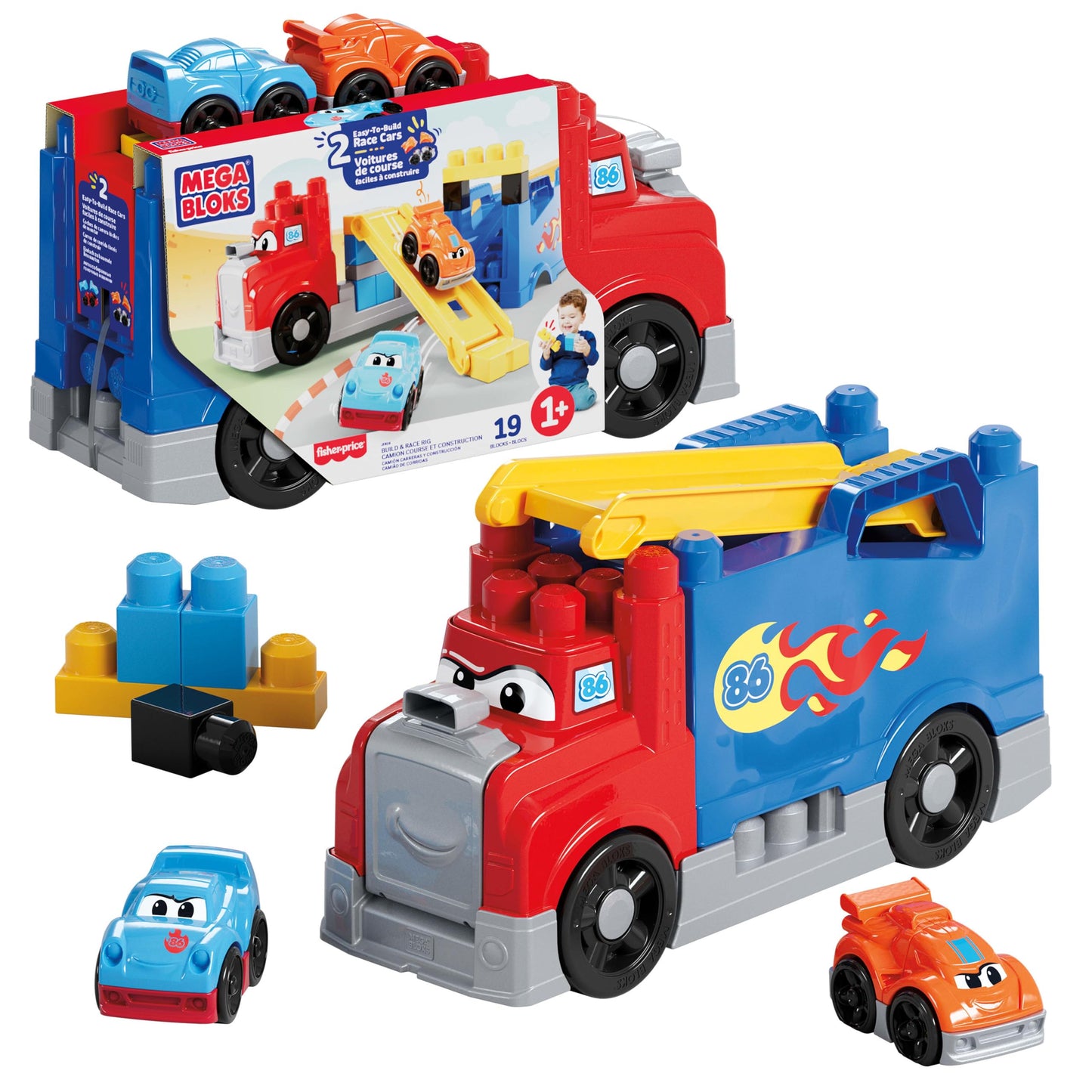 MEGA BLOKS JFR29 Set de construcție cu 19 piese Transportor mașini de curse pentru copii de la 1 an (multicolor)