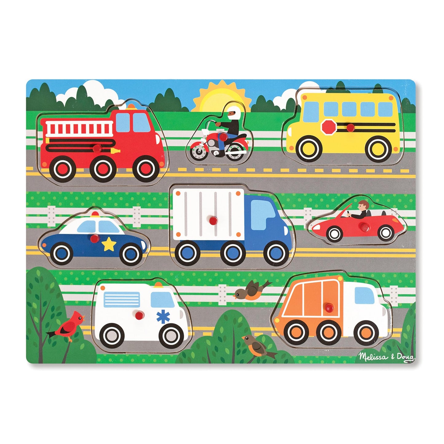 Puzzle din lemn cu vehicule Melissa & Doug – Jucărie interactivă pentru învățare, cadou educativ pentru copii de 2 ani și mai mari