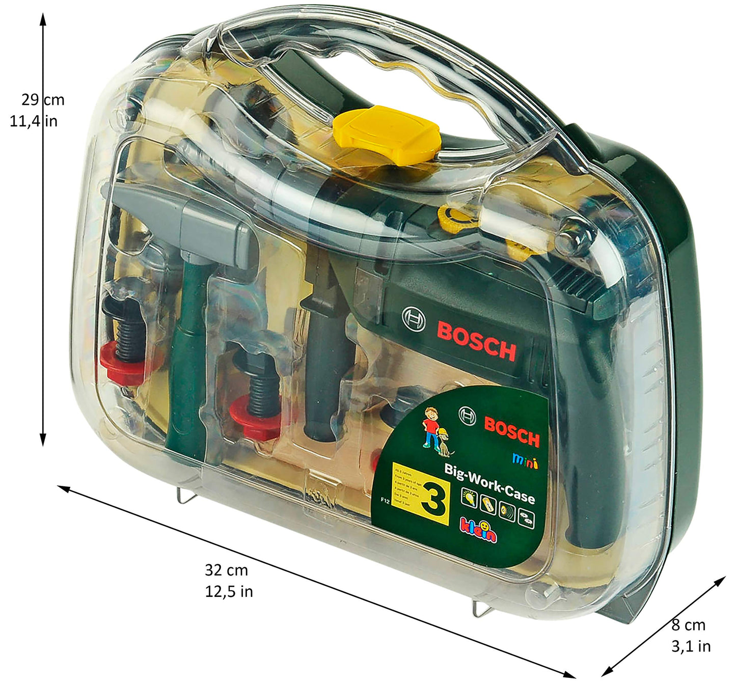 Set unelte Bosch Theo Klein 8416, 16 piese | Include bormasina cu lumina si sunet | Dimensiuni: 32 cm x 8 cm x 29 cm | Jucărie pentru copii de la 3 ani