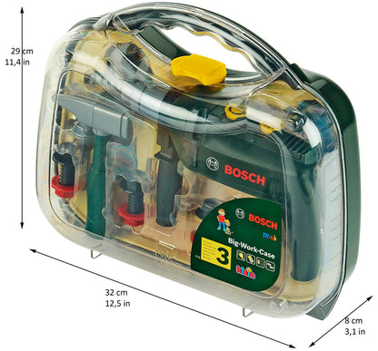 Set unelte Bosch Theo Klein 8416, 16 piese | Include bormasina cu lumina si sunet | Dimensiuni: 32 cm x 8 cm x 29 cm | Jucărie pentru copii de la 3 ani