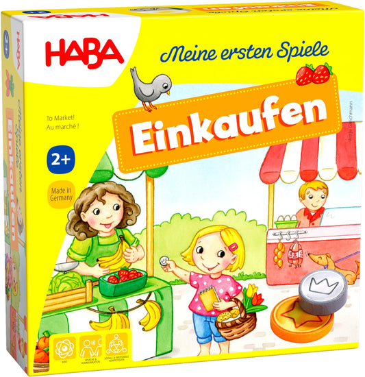 HABA Meine ersten Spiele Set de societate Cumpărături cu stand de piață 3D, bani de jucărie din lemn și liste de cumpărături de la 2 ani