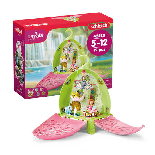 Schleich BAYALA Set de joacă Grădinița animalelor Marween cu elfă, 2 pui de dragon, pisicuță cu aripi și raton, floare pliabilă transportabilă, 19 piese, de la 5 ani