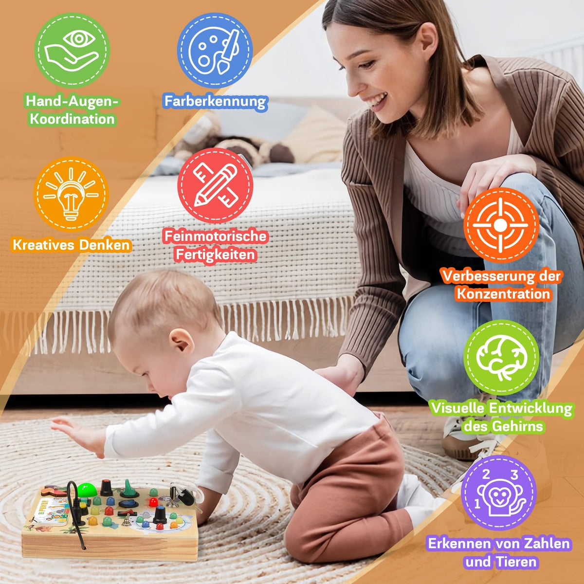 MILFECH Jucărie Montessori Placă de activități din lemn cu 10 comutatoare și 17 LED-uri pentru copii de la 1, 2 și 3 ani (lemn masiv)