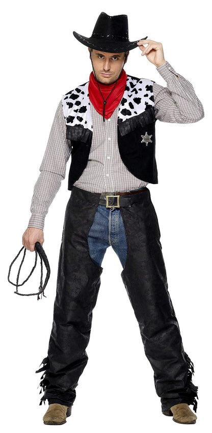 Costum de cowboy Smiffys, negru, cu chaps, vestă, curea și batic.