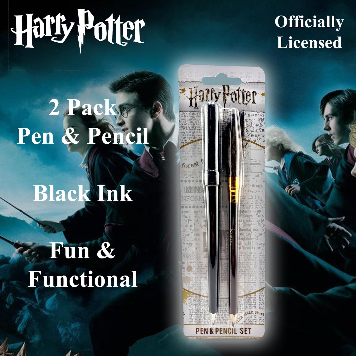 Set de Pix și Creion HARRY POTTER (Design Baghetă și Mătură) - Stilou, Set de Creioane, Cadouri pentru Femei și Bărbați - Produs Oficial Licențiat