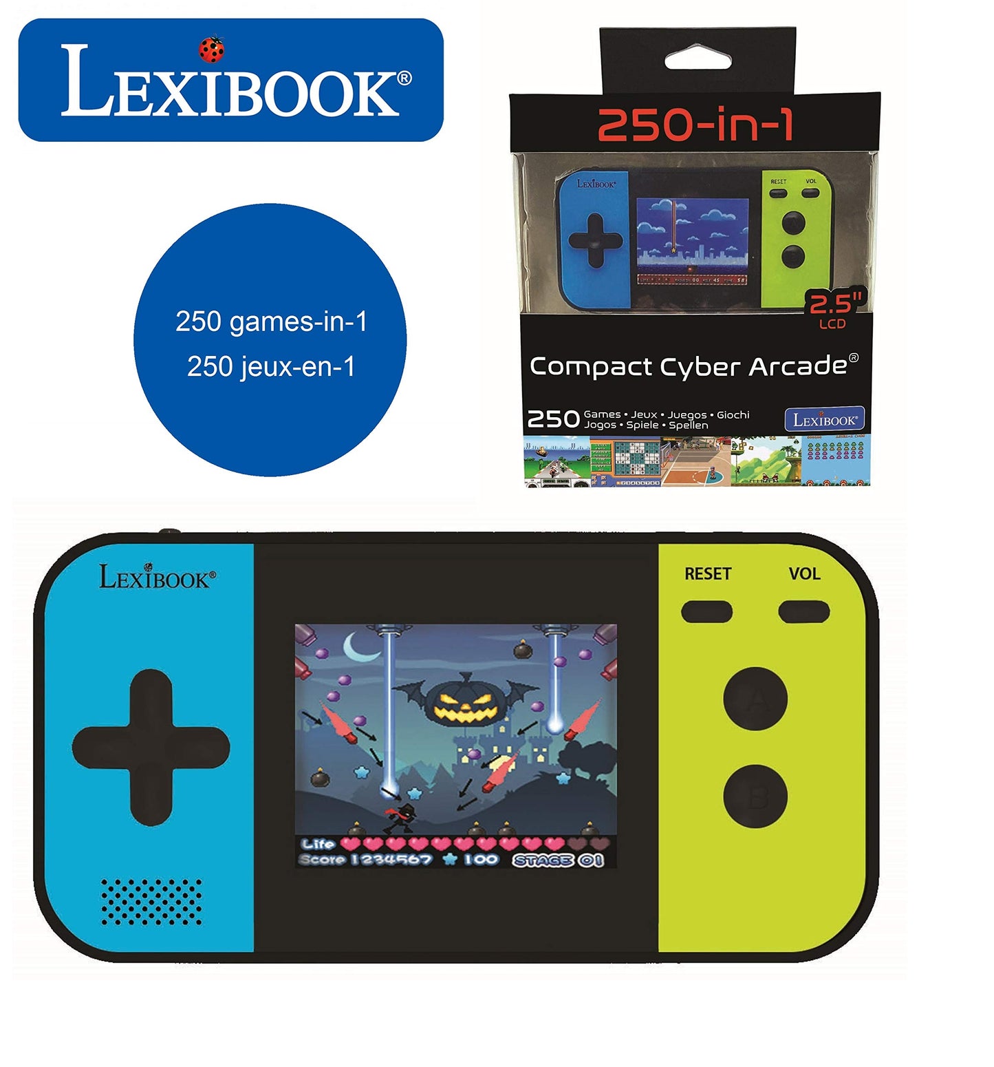 Lexibook Compact Cyber Arcade - Consolă de jocuri portabilă cu 250 jocuri, LCD, alimentată cu baterii, pentru copii, negru/albastru/verde, JL2377