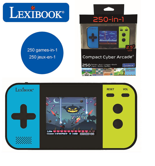 Lexibook Compact Cyber Arcade - Consolă de jocuri portabilă cu 250 jocuri, LCD, alimentată cu baterii, pentru copii, negru/albastru/verde, JL2377
