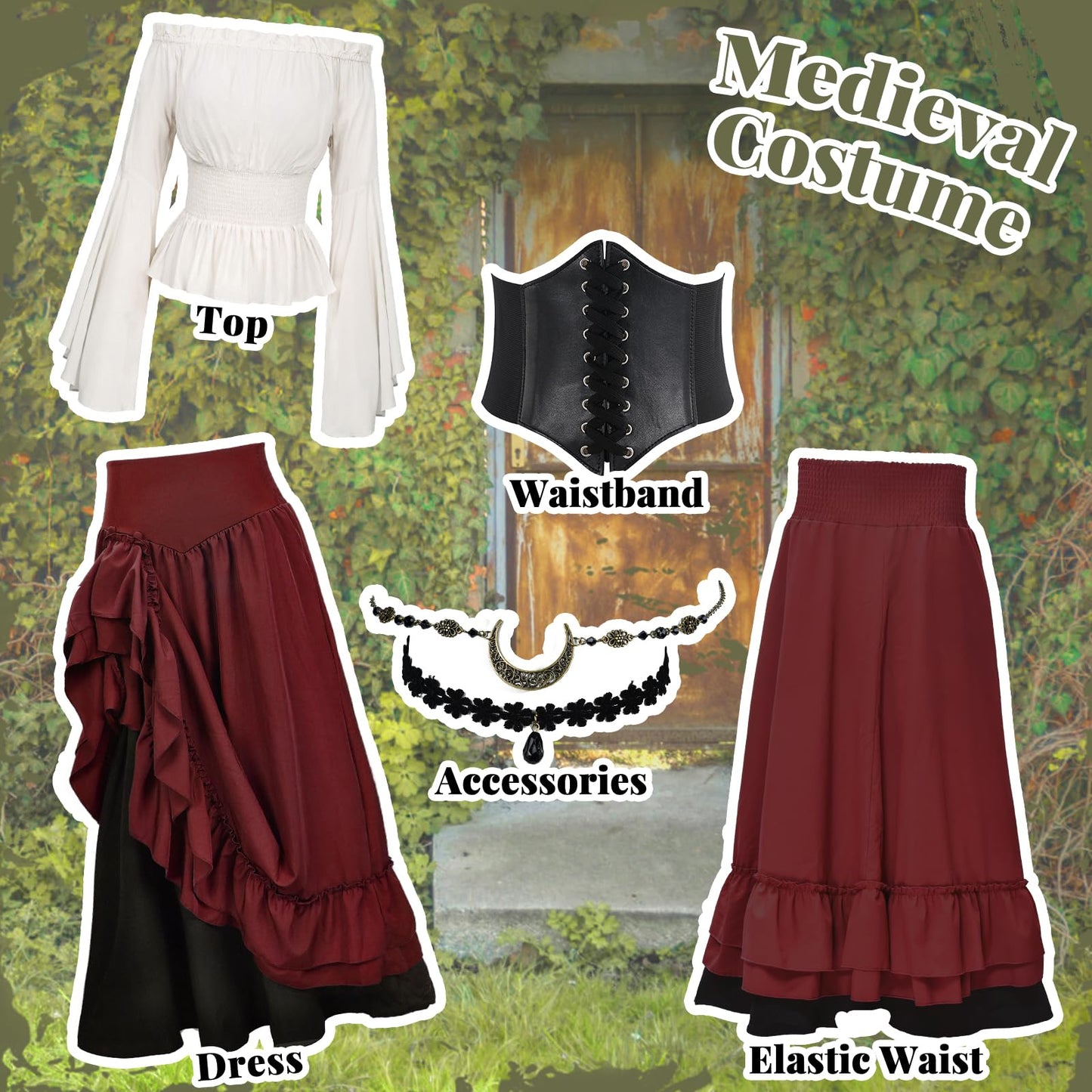 Costum medieval pentru femei FORMIZON, rochie victoriană din renaștere, accesorii medievale cu mâneci evazate și talie înaltă, rochie gotică retro Halloween (roșu și negru, M)