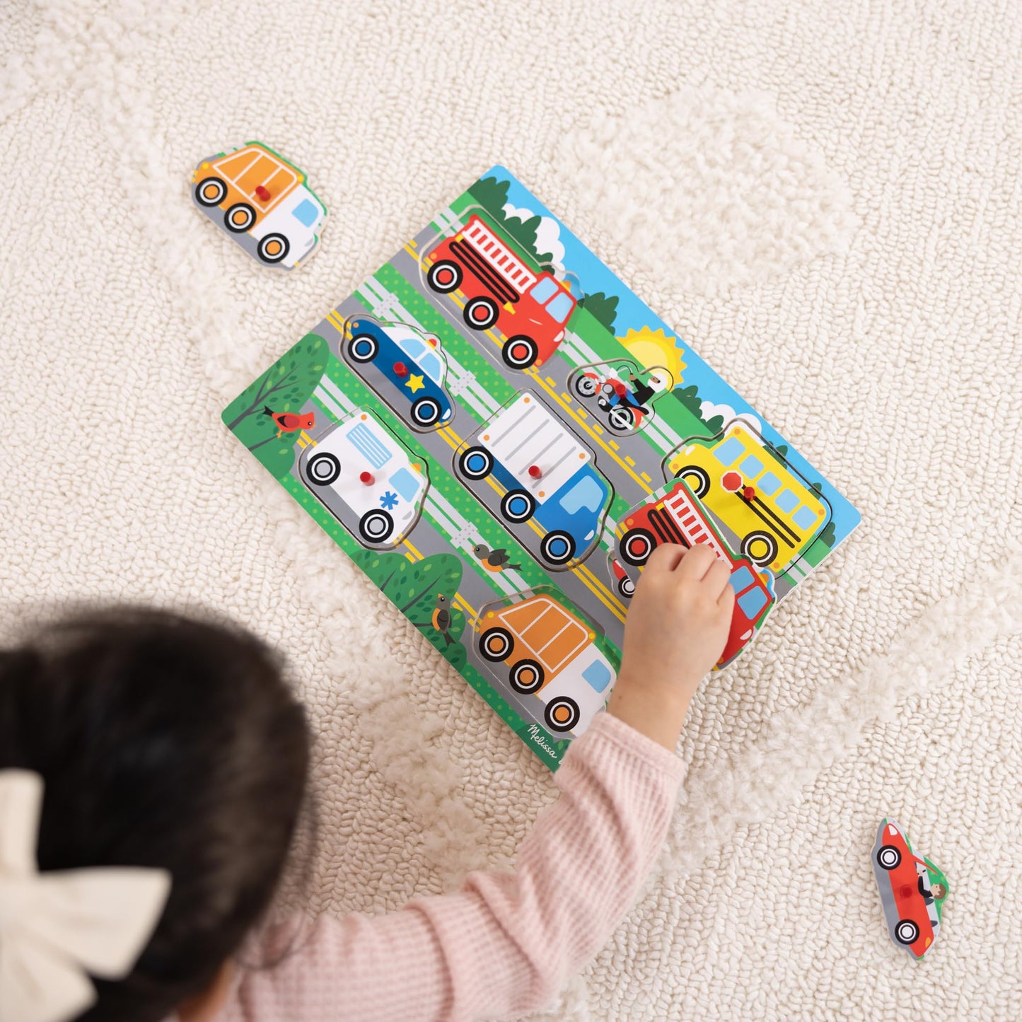 Puzzle din lemn cu vehicule Melissa & Doug – Jucărie interactivă pentru învățare, cadou educativ pentru copii de 2 ani și mai mari
