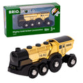 BRIO World 33630 Locomotivă cu baterii aurie cu lumină și sunet cu funcție de decuplare pentru utilizare ca locomotivă de împins recomandată de la 3 ani